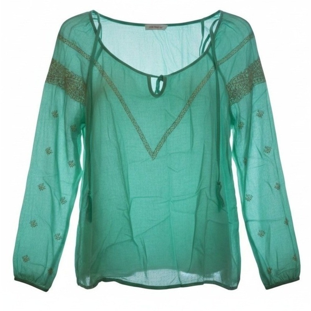 Blu Pepper Mint Green Embroidered Peasant Blouse Long‎ Sleeve Boho Top Medium